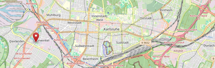 Kartenansicht des Vereinsheimstandorts im Großraum Karlsruhe